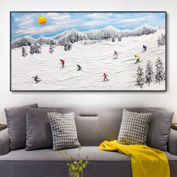150の主題の芸術作品 Painting - 雪の山のスキーヤー ウォール アート スポーツ ホワイト スノー スキー ルーム デコレーション by Knife 18 テクスチャ